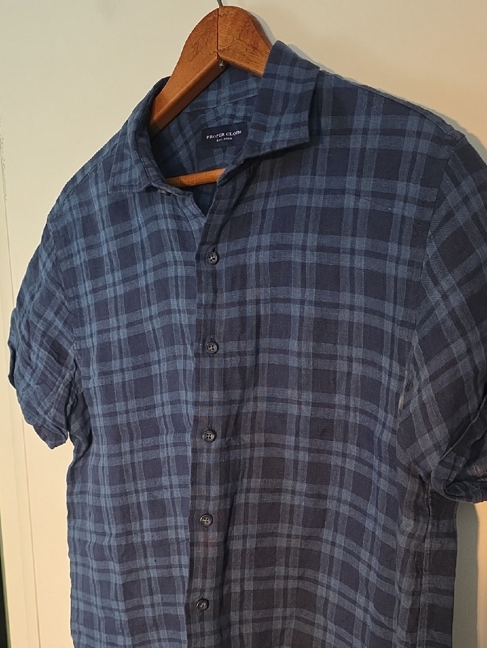 Proper Cloth Medium Blue Plaid Short-Sleeve Shirt Cotton Linen Perf Condition